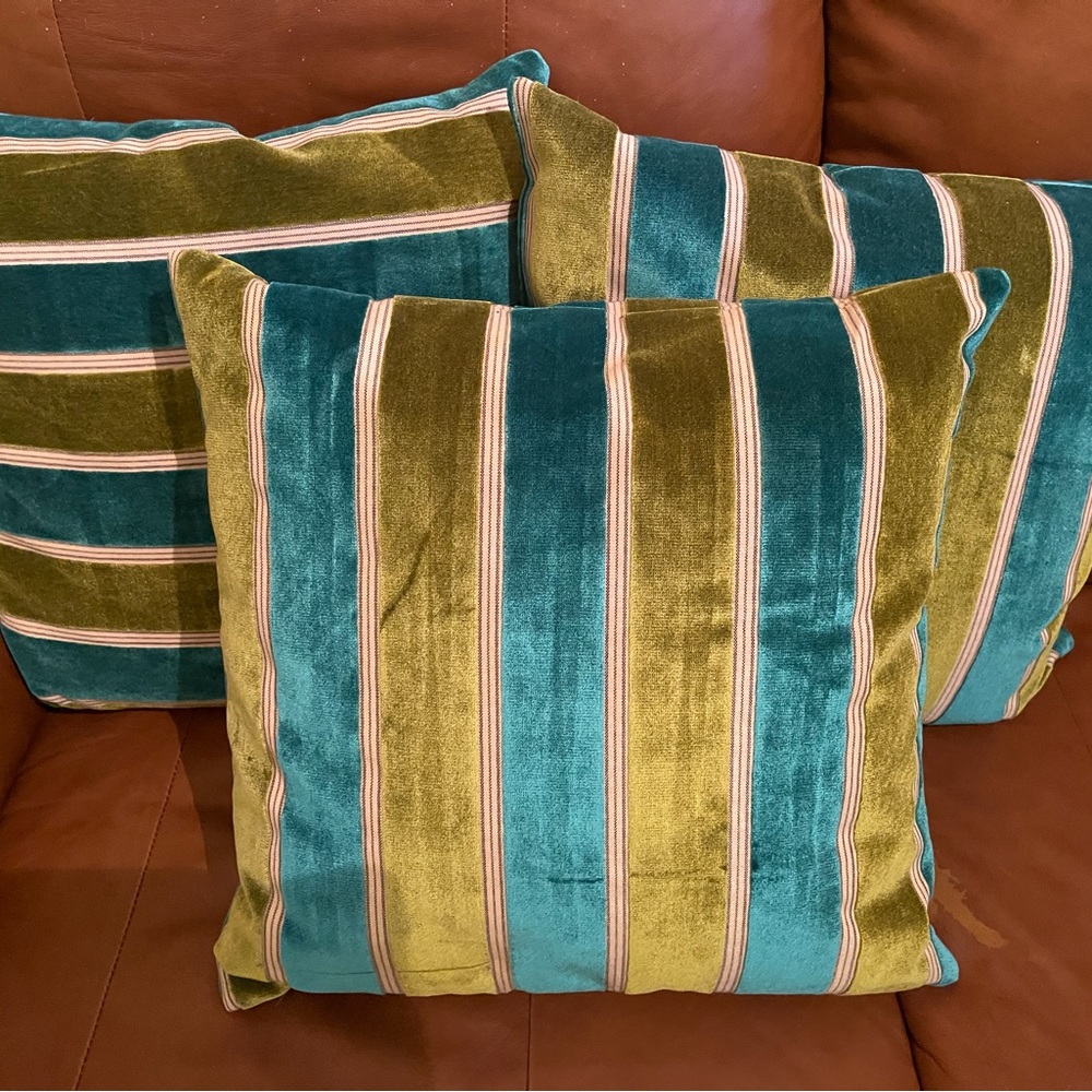Pier 1 Green and Blue Accent Pillow with Striking Stripes, 17” square. - Picture 3 of 6